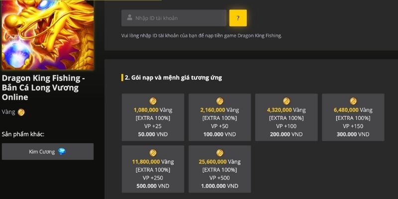 Gói nạp bắn cá Long Vương đổi sang xu